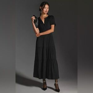 Anthropologie Somerset Satin Short Sleeve Long Maxi Dress Black XS